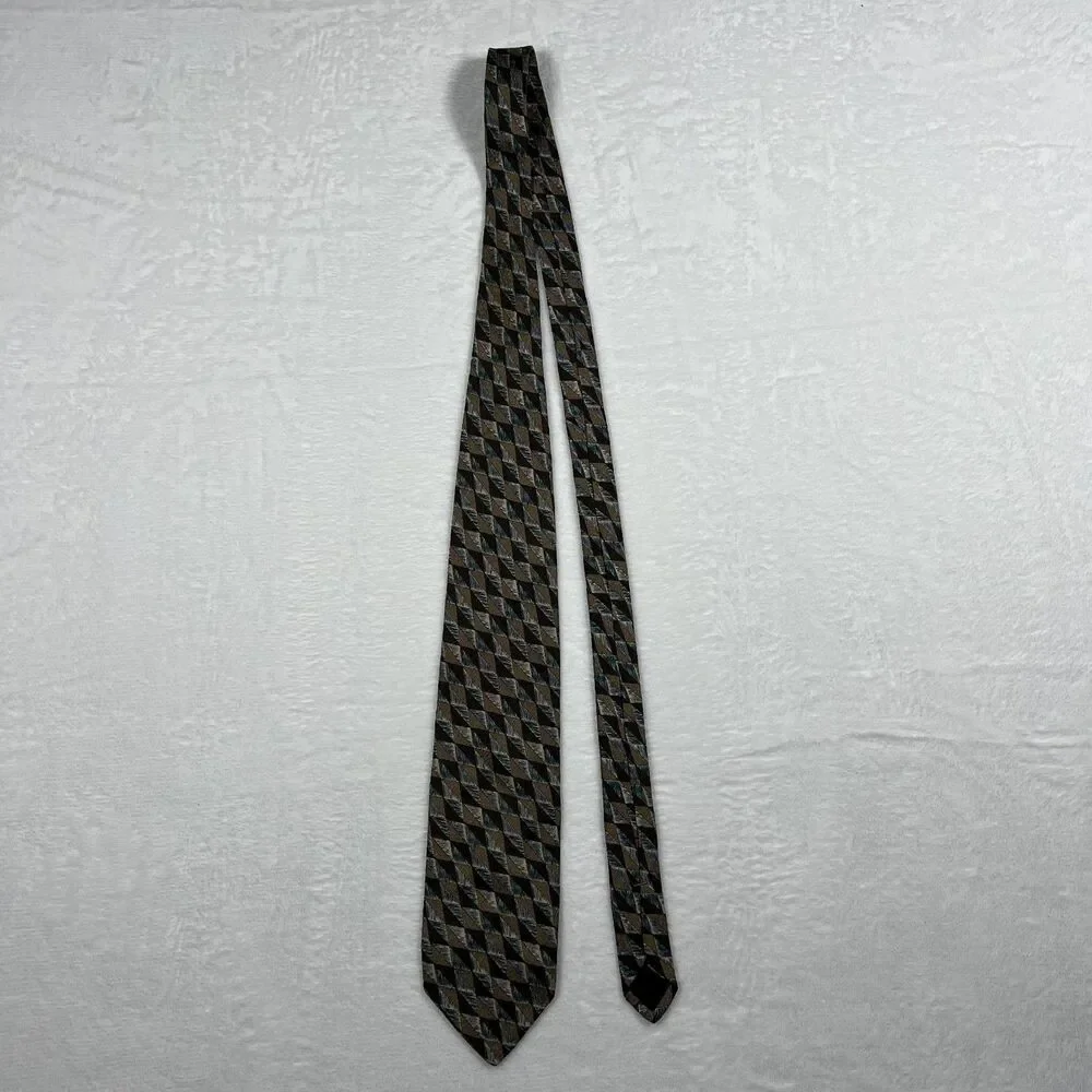 Ferrell Reed Mens Silk Necktie Tie Brown Blue Geometric Handmade in USA